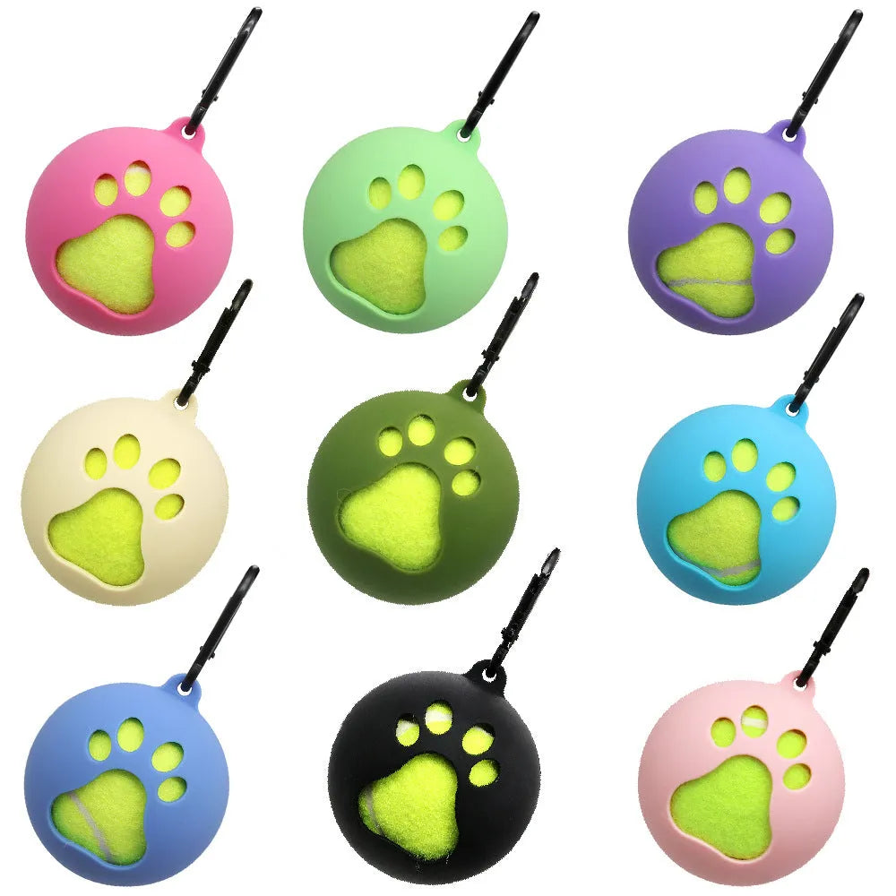 Portable tennis ball sheath for dogs, available in multiple colours, holds a standard tennis ball securely