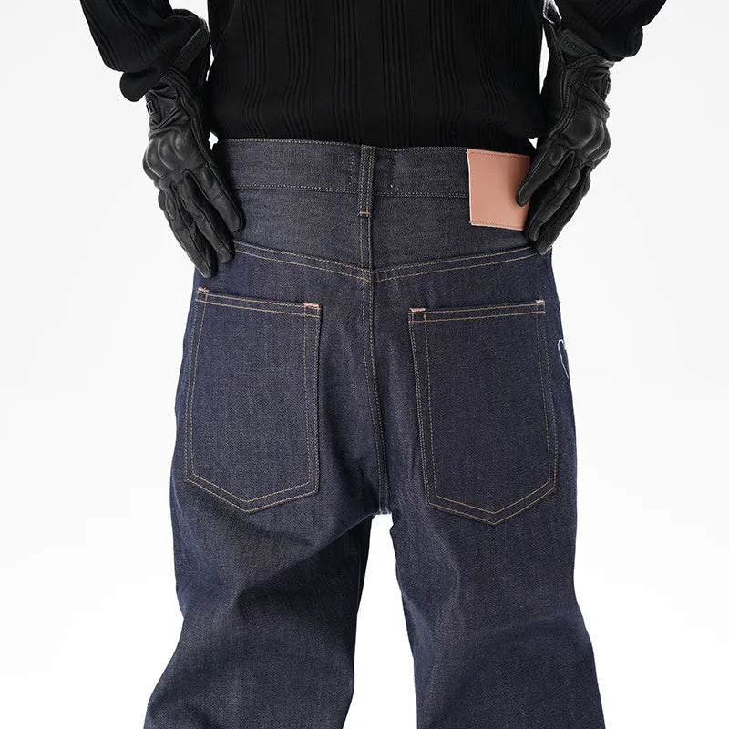 Dark blue casual loose straight fit jeans with straight leg cut on mannequin