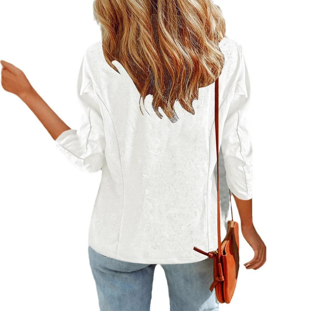 Women's slim fit cardigan suit jacket in polyester available in black, white, or wine red