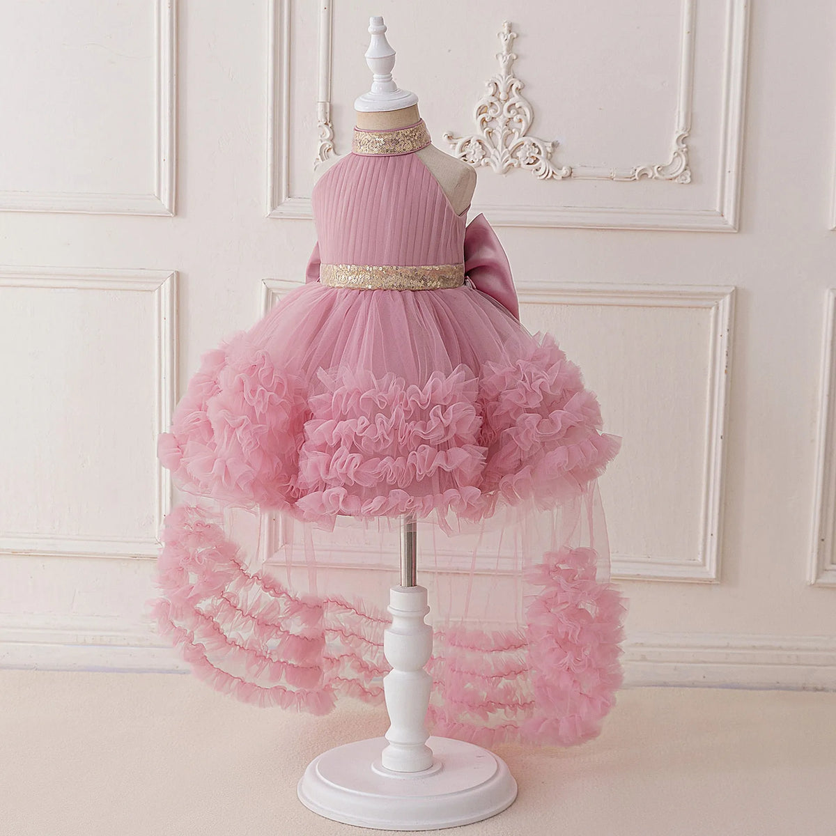 Girls evening dress with mesh pleated pettiskirt in white, black, purple, avocado green, bean pink, purplish red or dark green