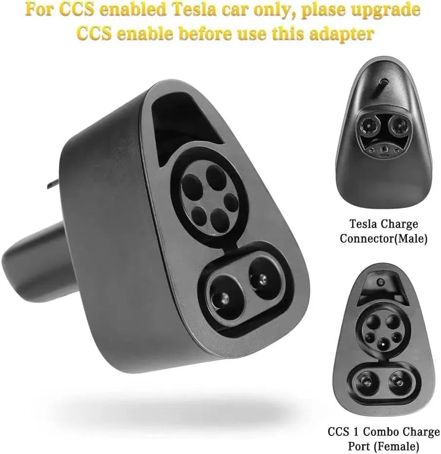 Black Tesla charging plug conversion adapter with American Standard connector, showing dimensions.