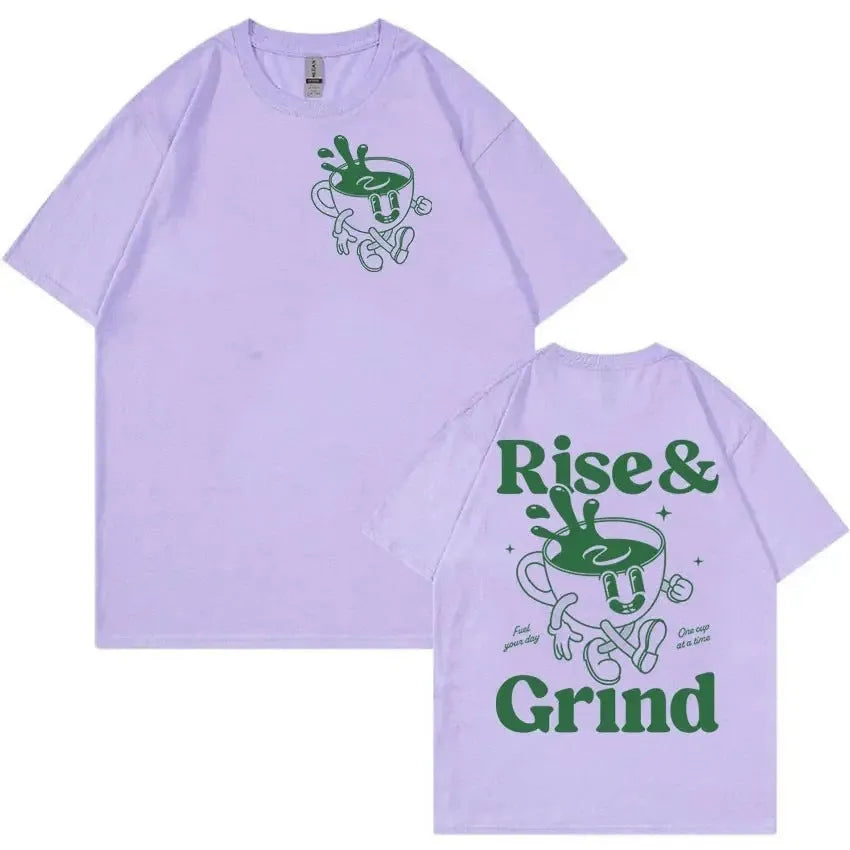 Loose fit men's linen t-shirt in a solid colour with a printed Rise And Grind cartoon graphic on the front.