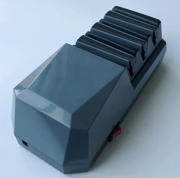 Gray multifunctional electric knife sharpener with diamond wheel and ceramic rod, 18W, 250 x 99 x 88mm