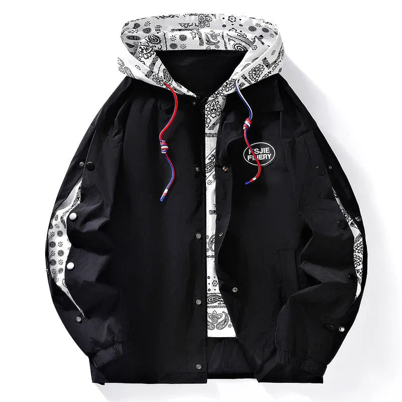 Men's loose-fit hooded jacket with paisley print, side pockets, in black or white from M to XXXXL