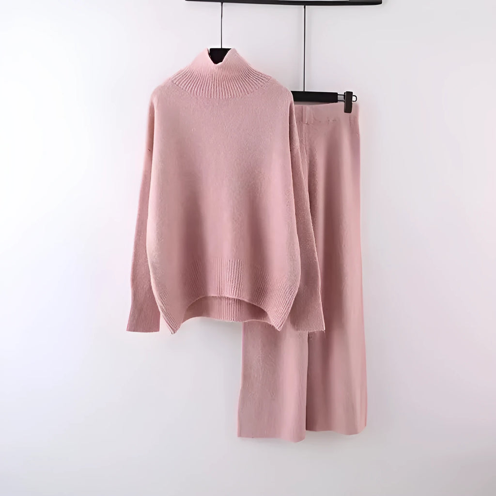 Women's milky white acrylic knit sweater and wide-leg trousers two-piece set for commuting.