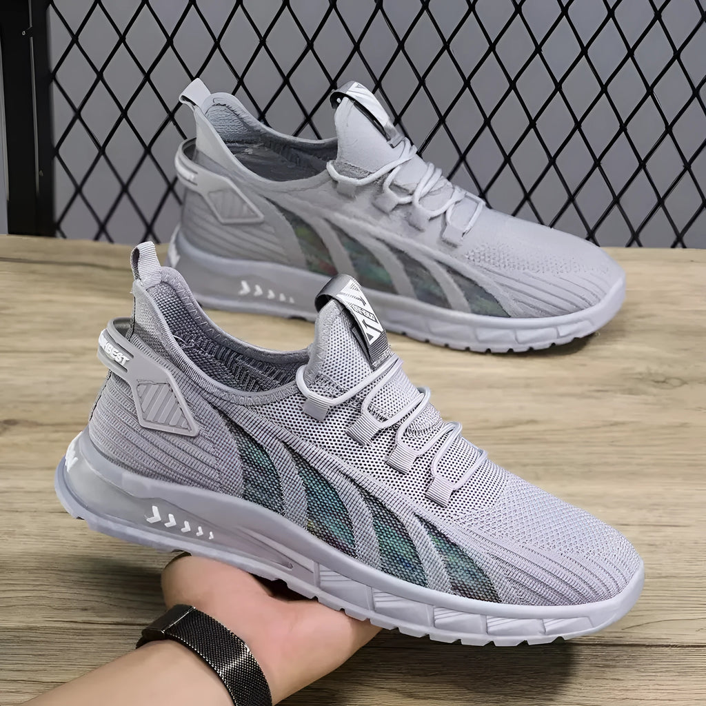 Low-top striped mesh sneaker with flat plastic sole in black colour