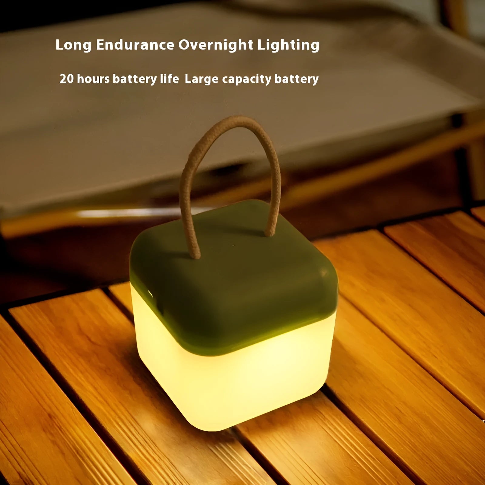 LED hanger solid color portable rechargeable light in green with remote control on a table