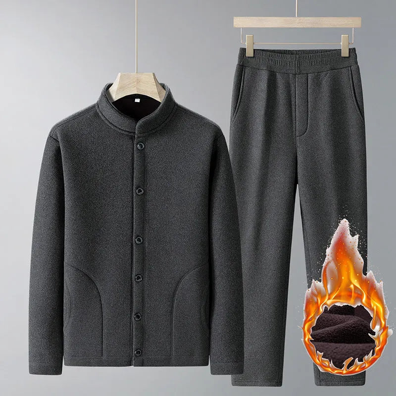 Men's large size dark gray velvet sport suit with long-sleeve coat and trousers, polyester fabric with wool lining