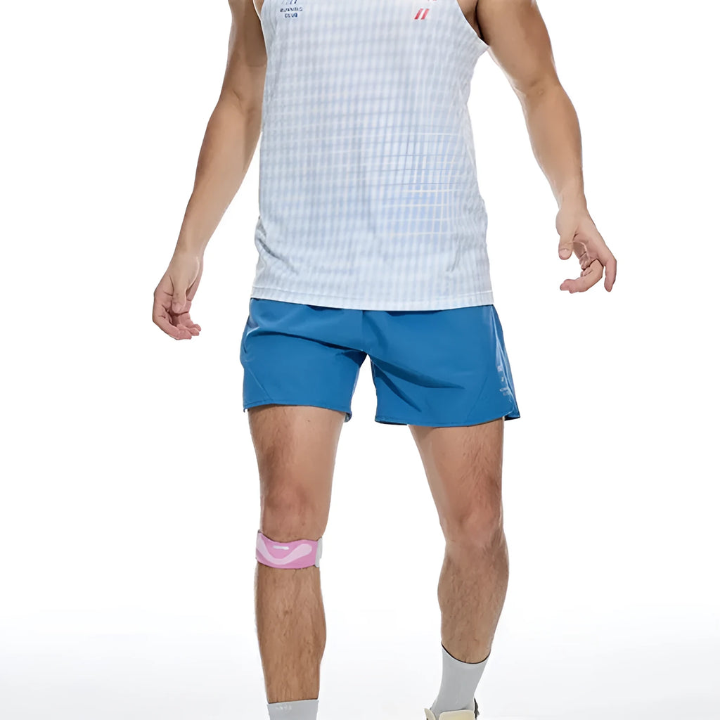 Men's black running shorts with four-point laser stitching detail on stretch fabric.