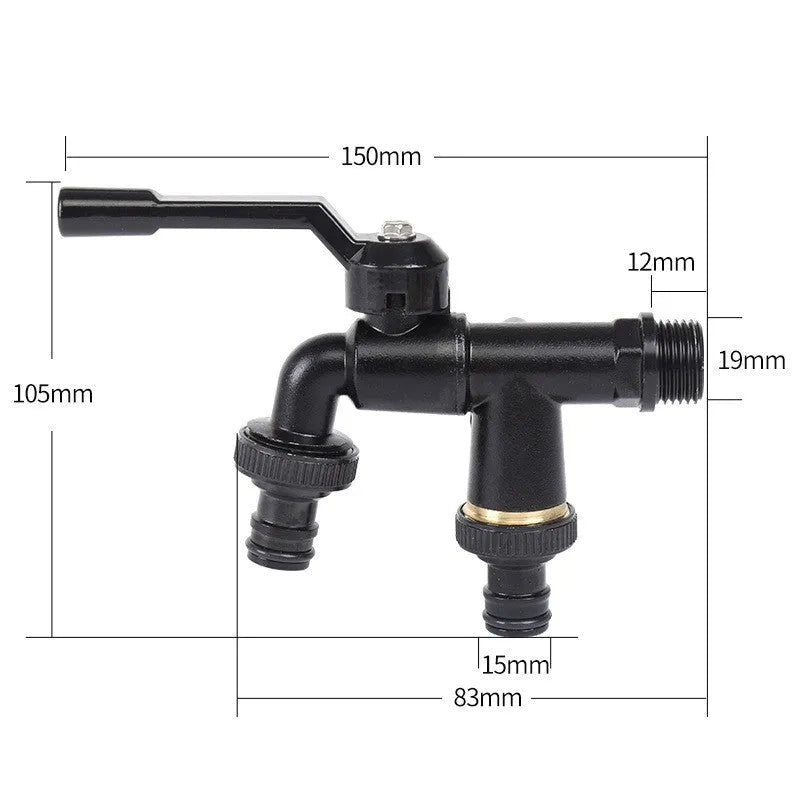 Black zinc alloy double water outlet garden nozzle faucet on white background