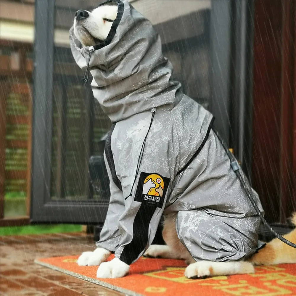 Four-legged waterproof dog raincoat in reflective grey nylon, full-surrounded design, sizes 4 to 6