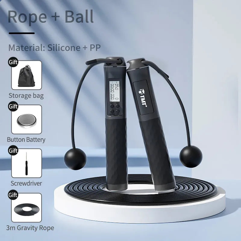 Cordless jumping rope with digital counter and gravity ball in black