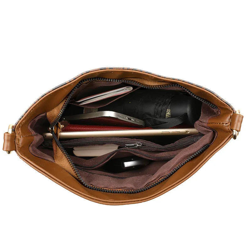 Retro brown soft leather messenger bag with organised compartments and three-dimensional external pocket