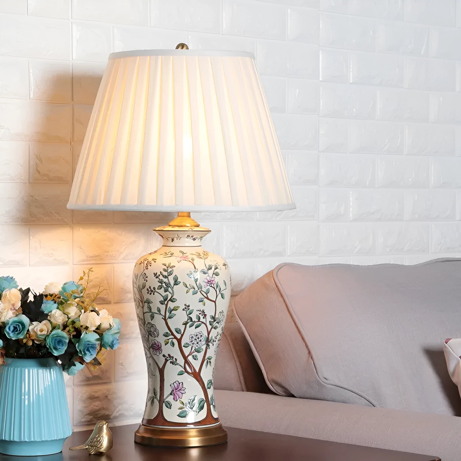 Chinese ceramic table lamp classical household with folding cover switch 40cm x 70cm American style
