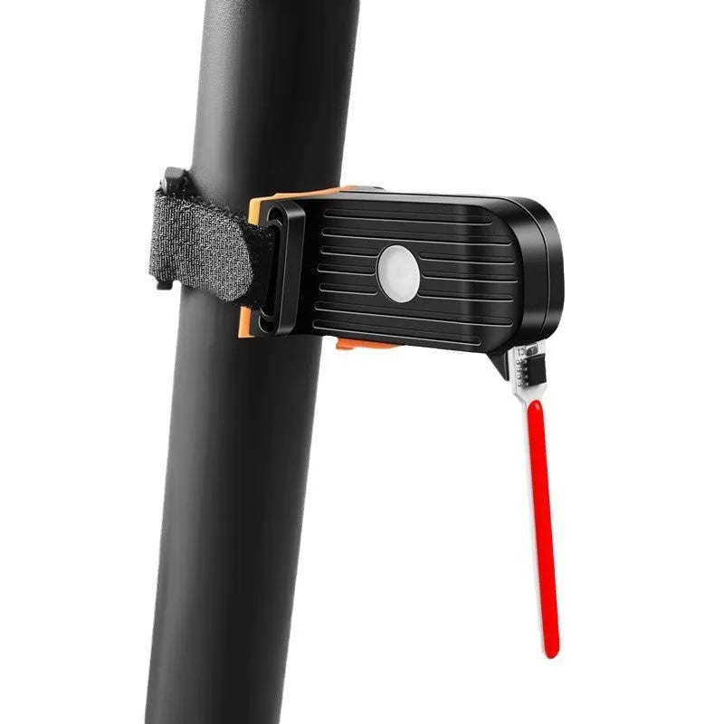 USB rechargeable bicycle taillight with flowing red light pattern, mounted on a bike