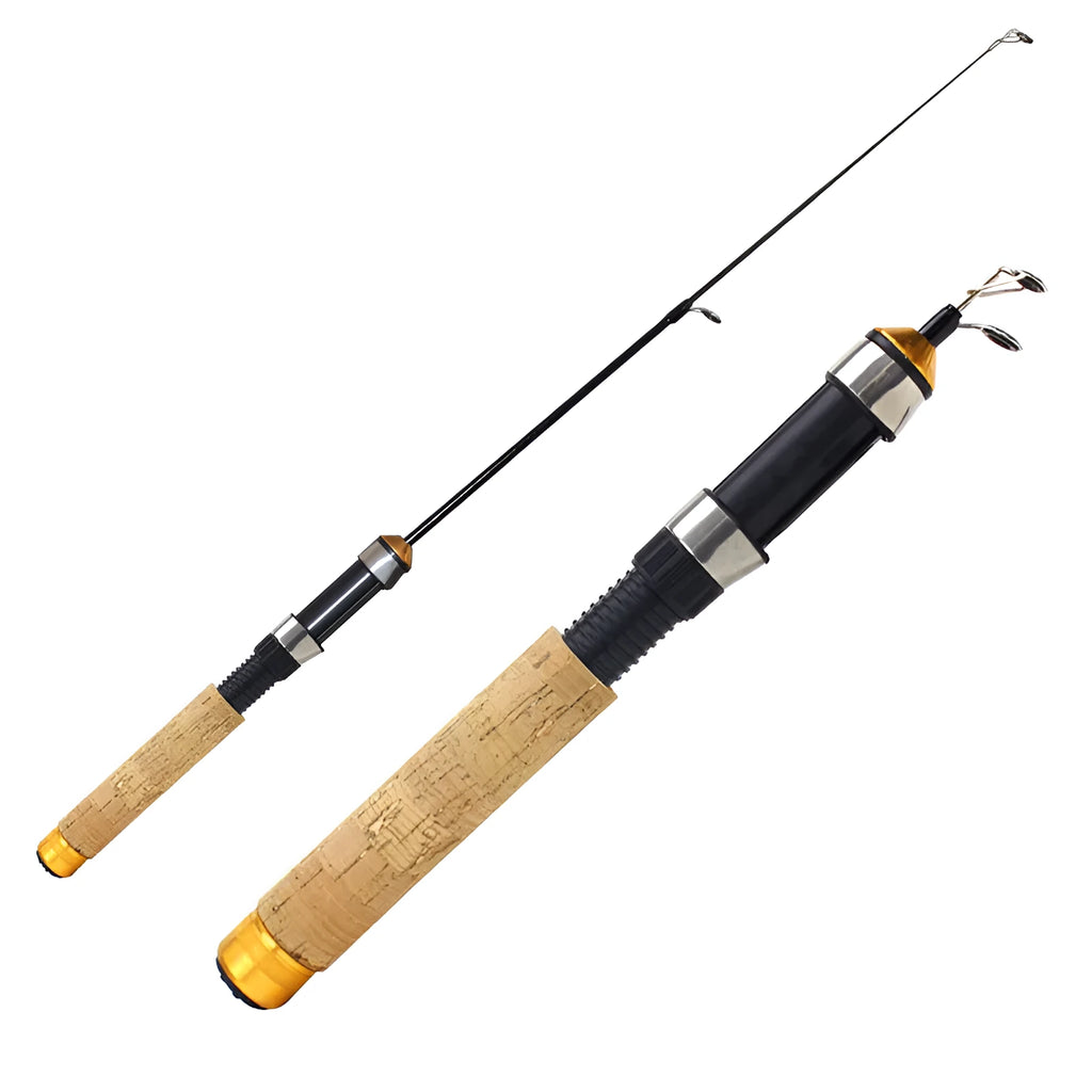 Ice fishing retractable rod with wood grain finish, 0.6m collapsed length, carbon coated