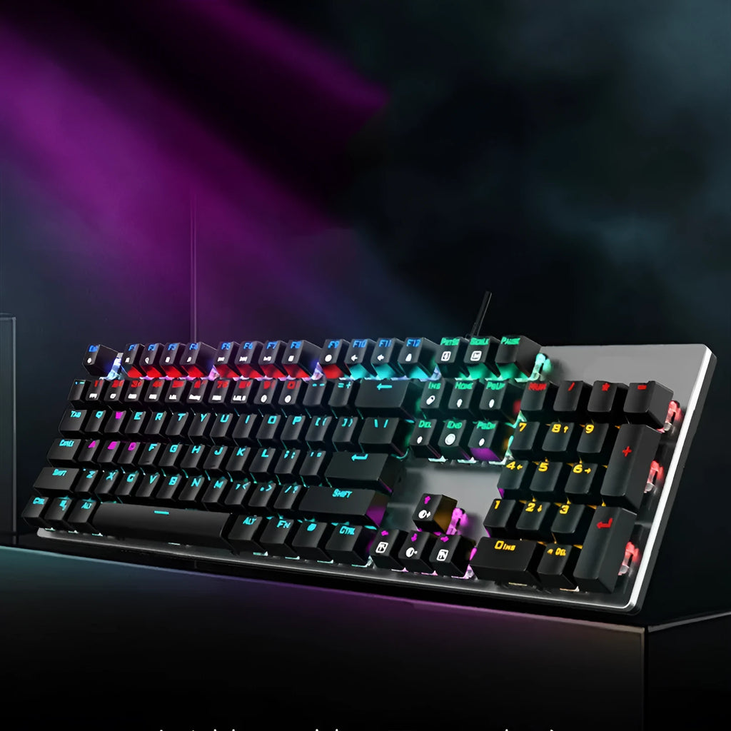 AOC GK410 wired mechanical keyboard with 104 keys and metal frame on a desktop.