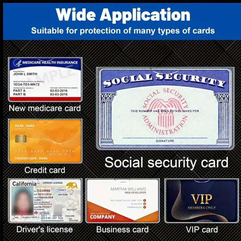 Transparent PVC ID card holder measuring 9.7x5.9cm showing social security card inside