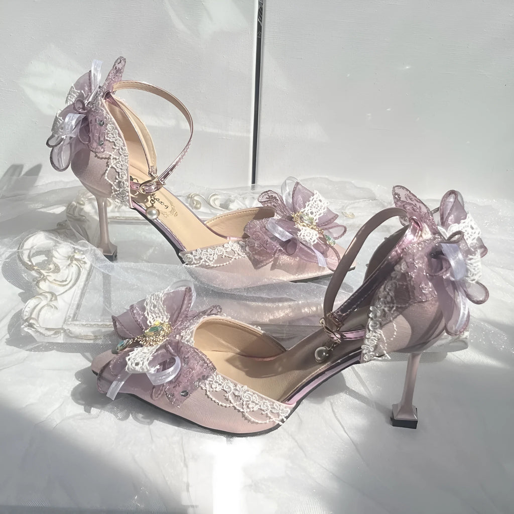 Purple satin women's stiletto shoes with a square toe bracket, shown on a white background.