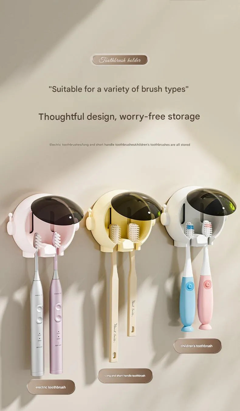 Cartoon-themed wall-mounted bathroom storage rack for electric and manual toothbrushes in pink, white, or yellow.