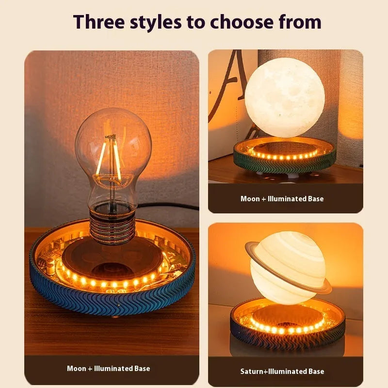 Magnetic suspension moon night lamp with 3D printed celestial design floating above surface