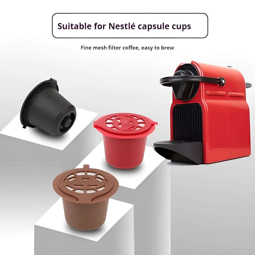 Set of six recyclable reusable plastic coffee filter cups in black, brown, and red with a spoon on wooden background