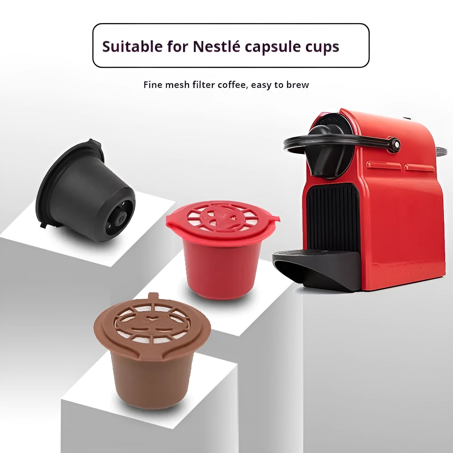 Set of six recyclable reusable plastic coffee filter cups in black, brown, and red with a spoon on wooden background
