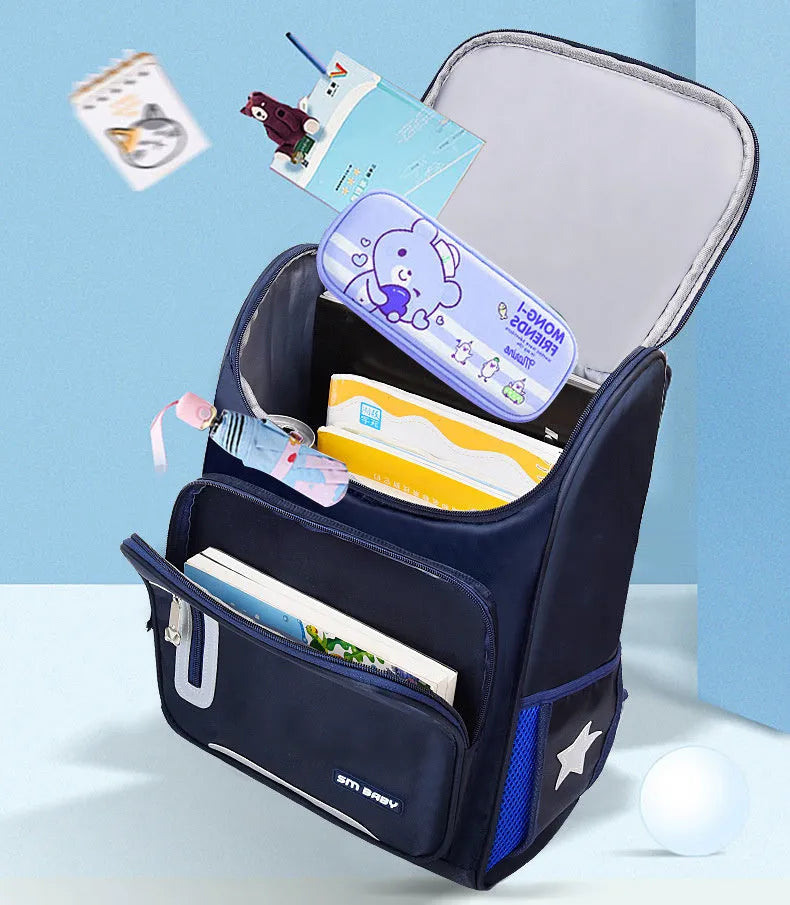 Primary school students backpack for 6-12 year olds, nylon, with multiple pockets, in navy blue, showing front view
