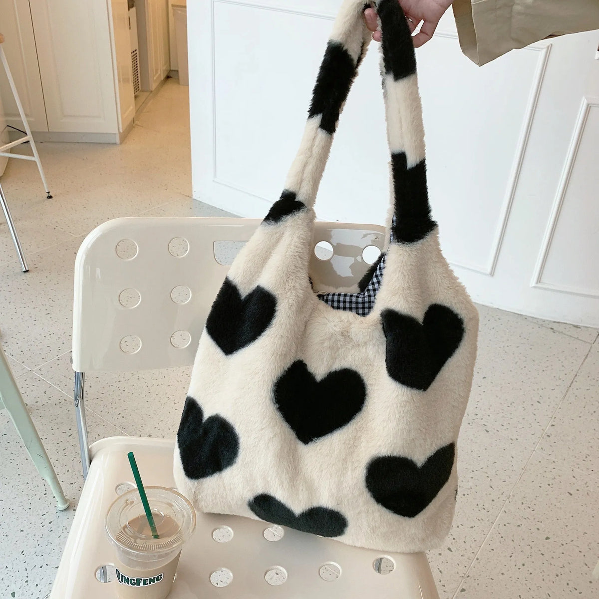 Love heart double side plush shoulder bag in beige with soft handle and double straps