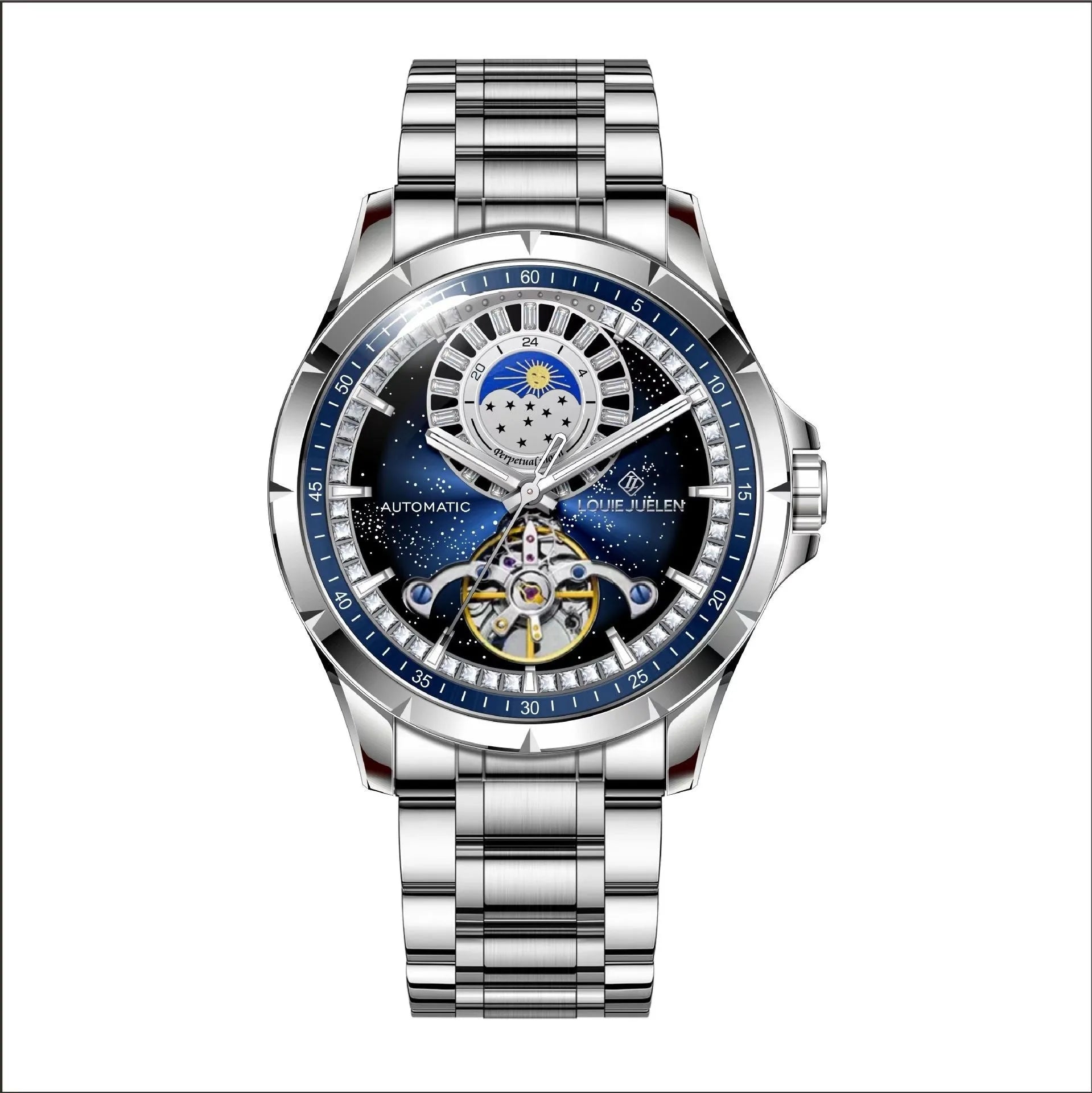 Silver and blue men's automatic mechanical watch with stainless steel strap on a wrist