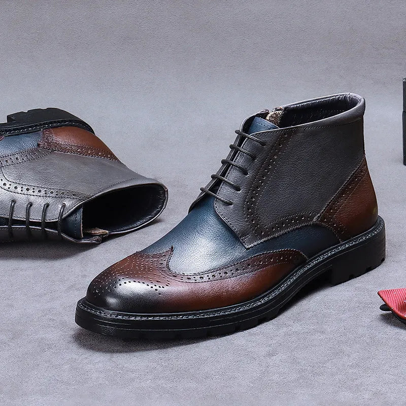 Men's curry blue leather brogue boots with colour blocking and square low heel
