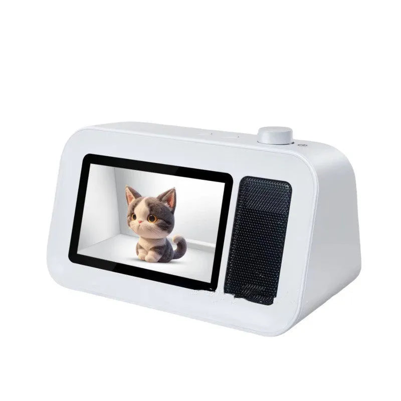 White holographic lyric bluetooth speaker with 5.1 channel sound on a desk