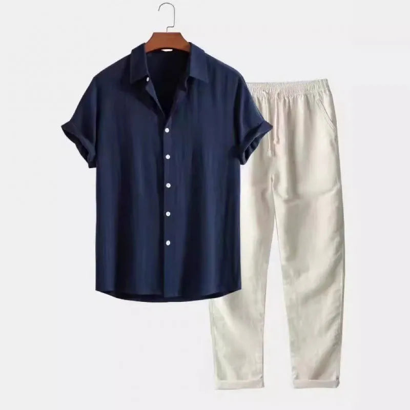 Men's casual linen-look shirt and trousers set in solid colour with short sleeves