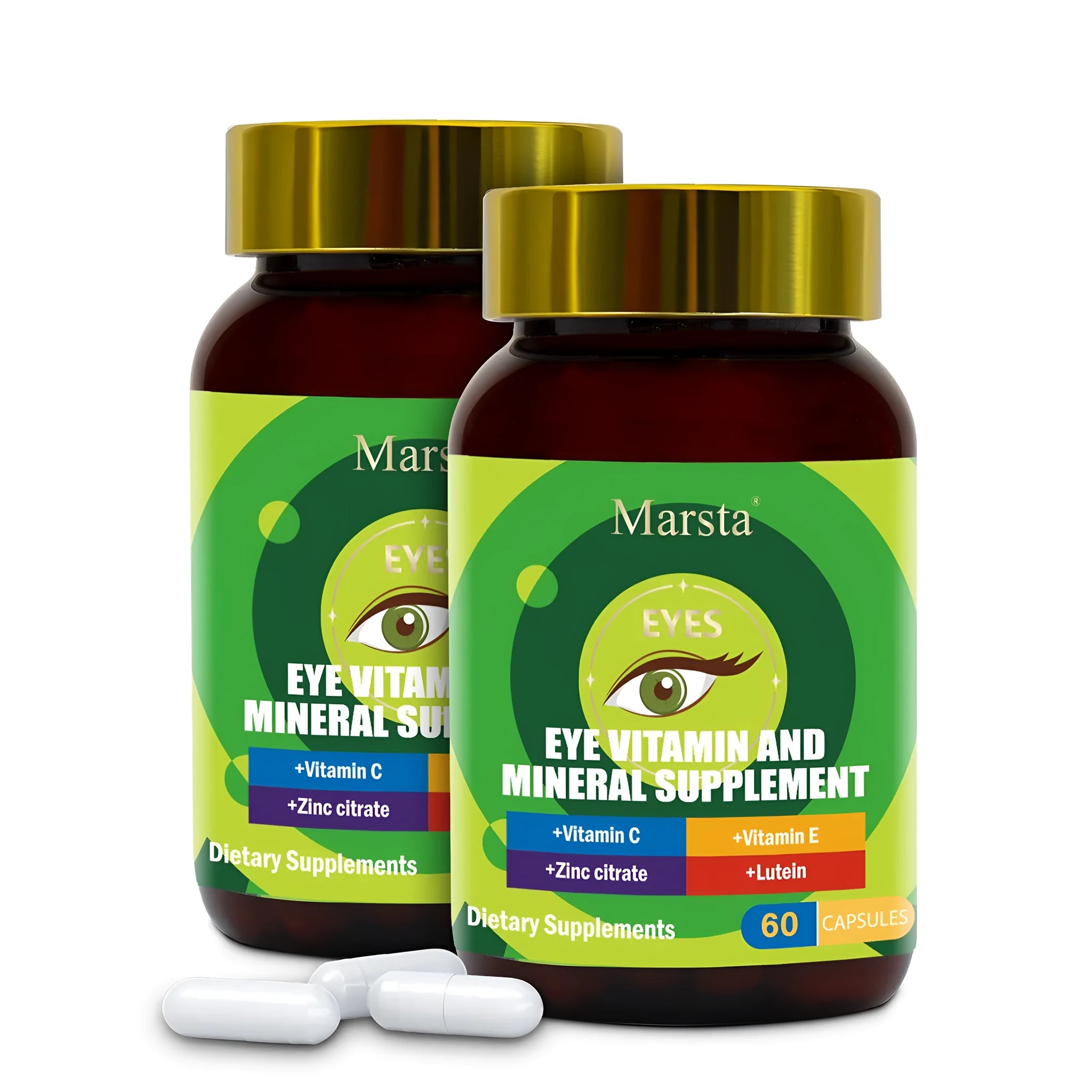 Eye Vitamin And Mineral Supplements 750mg 60 tablets in a white bottle with green label