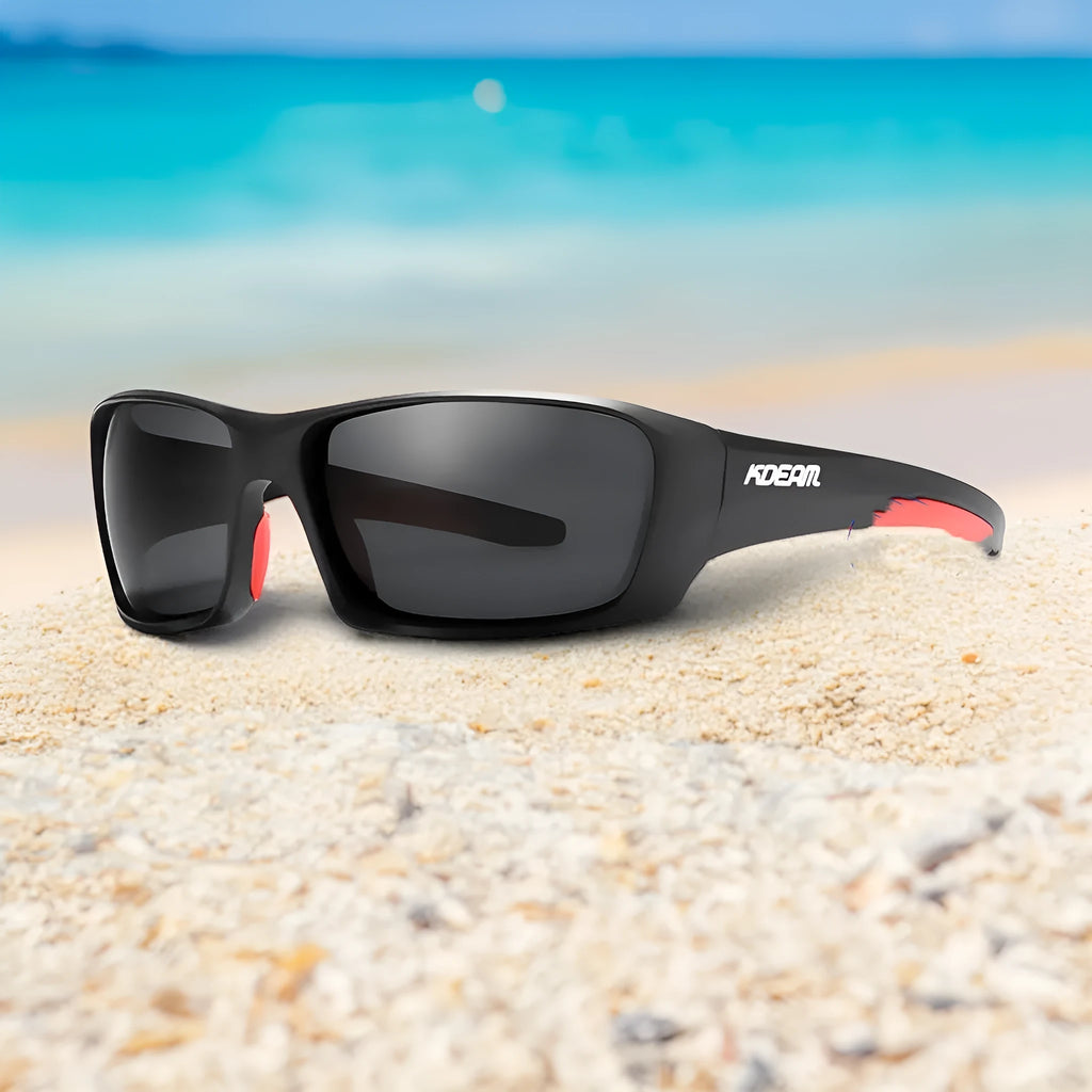Ultralight polarised sports sunglasses with TR90 frame in assorted colours on a plain background.
