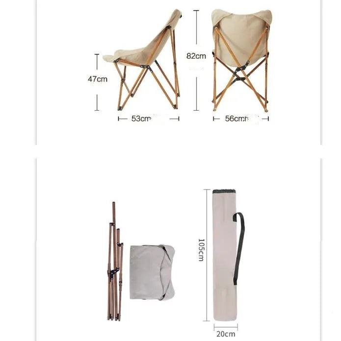 Folding camping chair with wood grain aluminium frame, rotating seat, and handrails in khaki colour