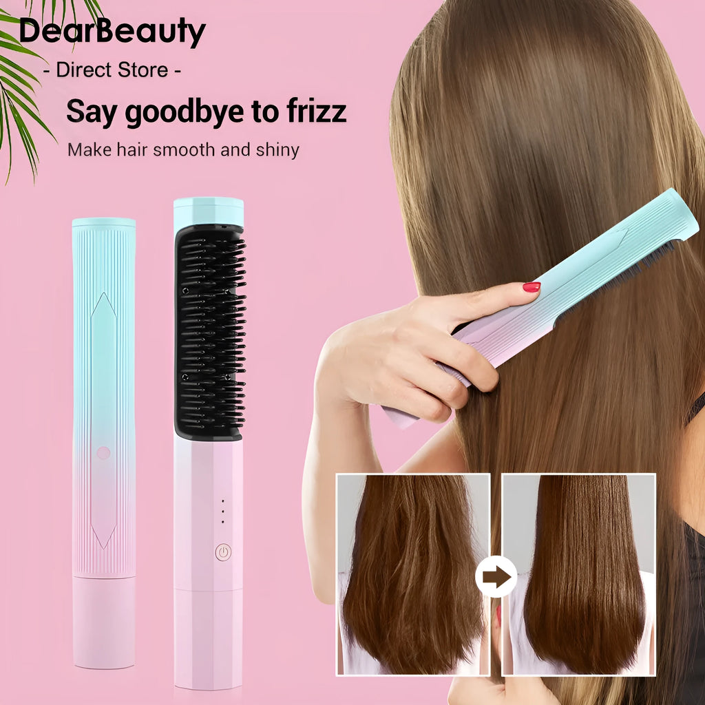 Pink cordless straightening comb with nylon bristles and USB charging port