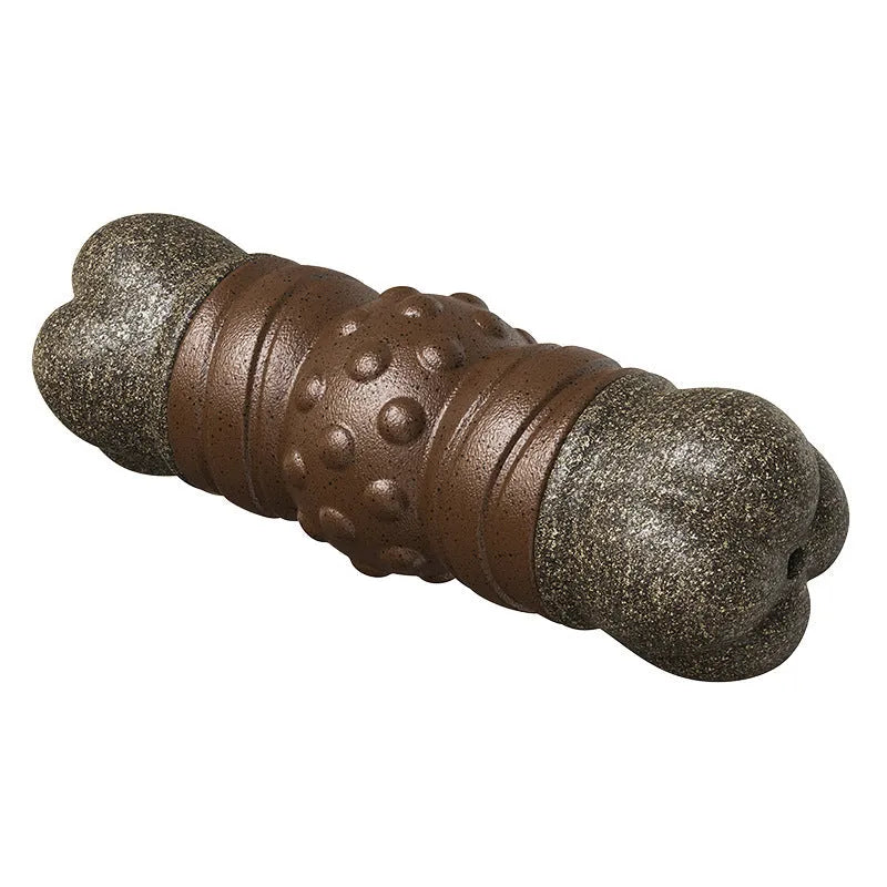 Wood colour plastic dog dental chew toy shaped like a bone with a ridged molar rod section.