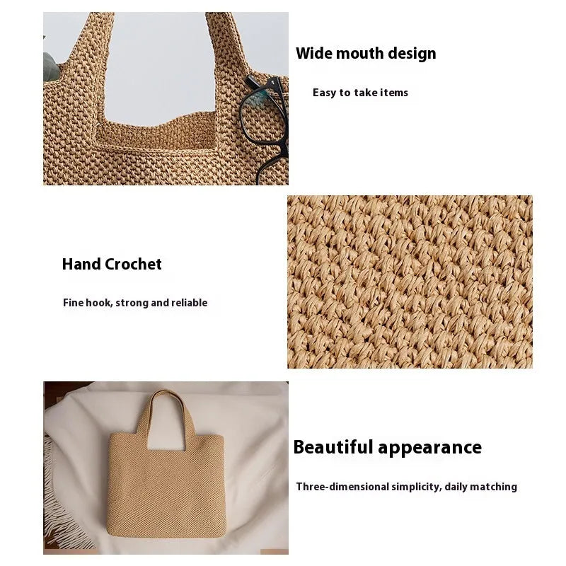 Straw woven bucket tote bag in khaki colour with double straps and open pocket.