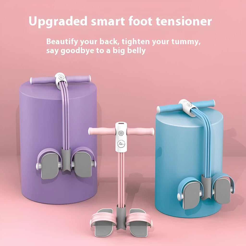 Portable foot pedal pull device for sit-up exercises in blue colour with resistance tubes