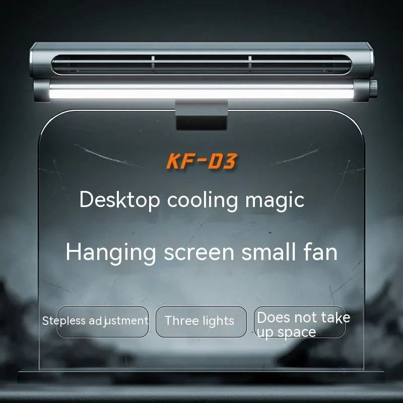 Black USB-powered bladeless fan with clip and integrated desk lamp attached to a laptop screen.