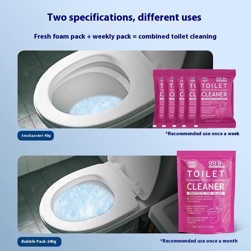 Toilet bubble effervescent cleaning powder in blue ocean and pink floral fragrance packaging options.