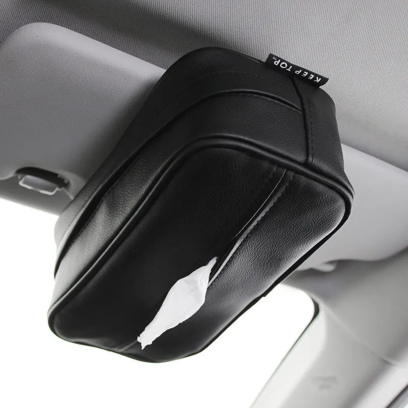 Black PU leather hanging storage box or bag with dimensions shown for car organisation.