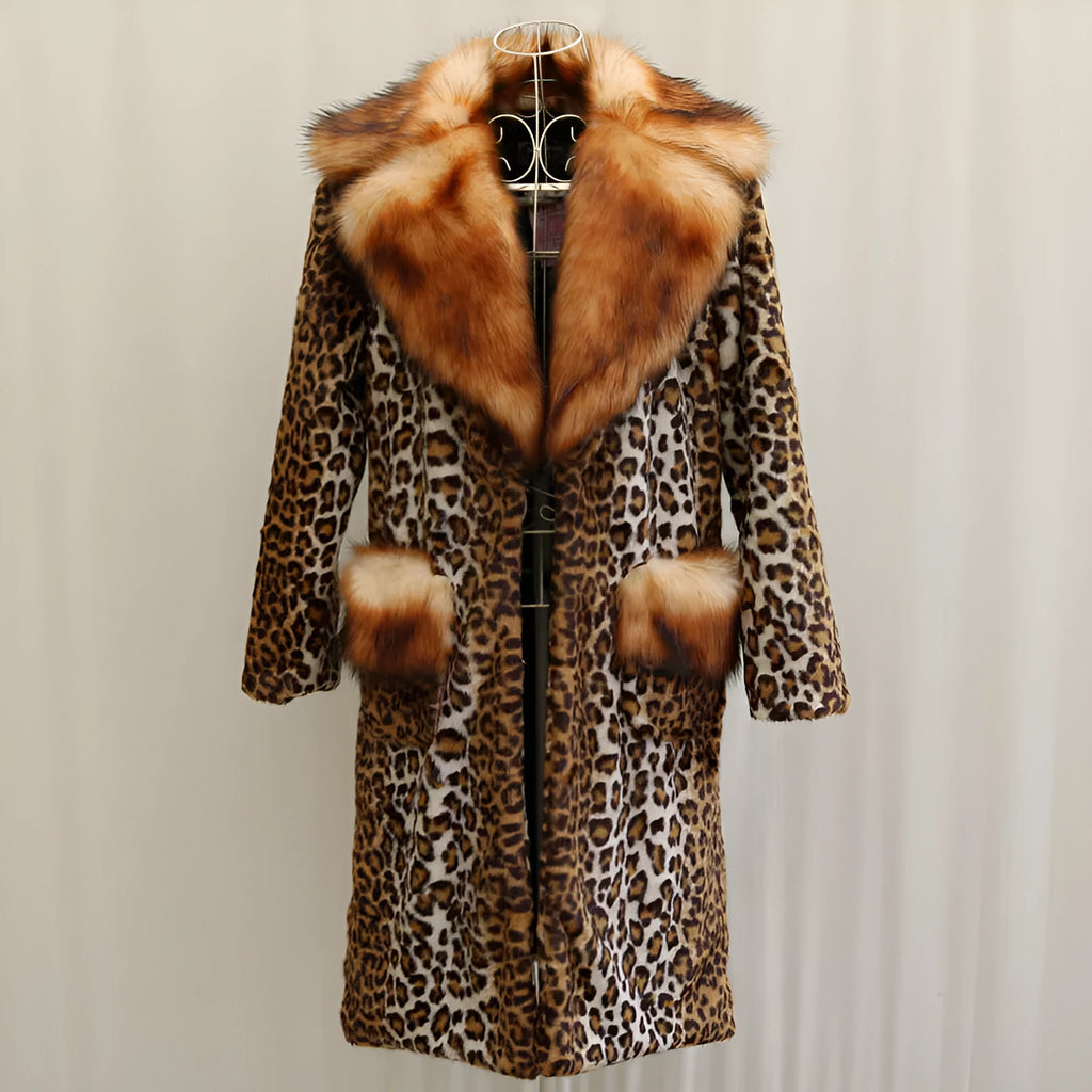 Women's leopard print long artificial fur jacket on hanger, showing regular sleeves and 80cm length.