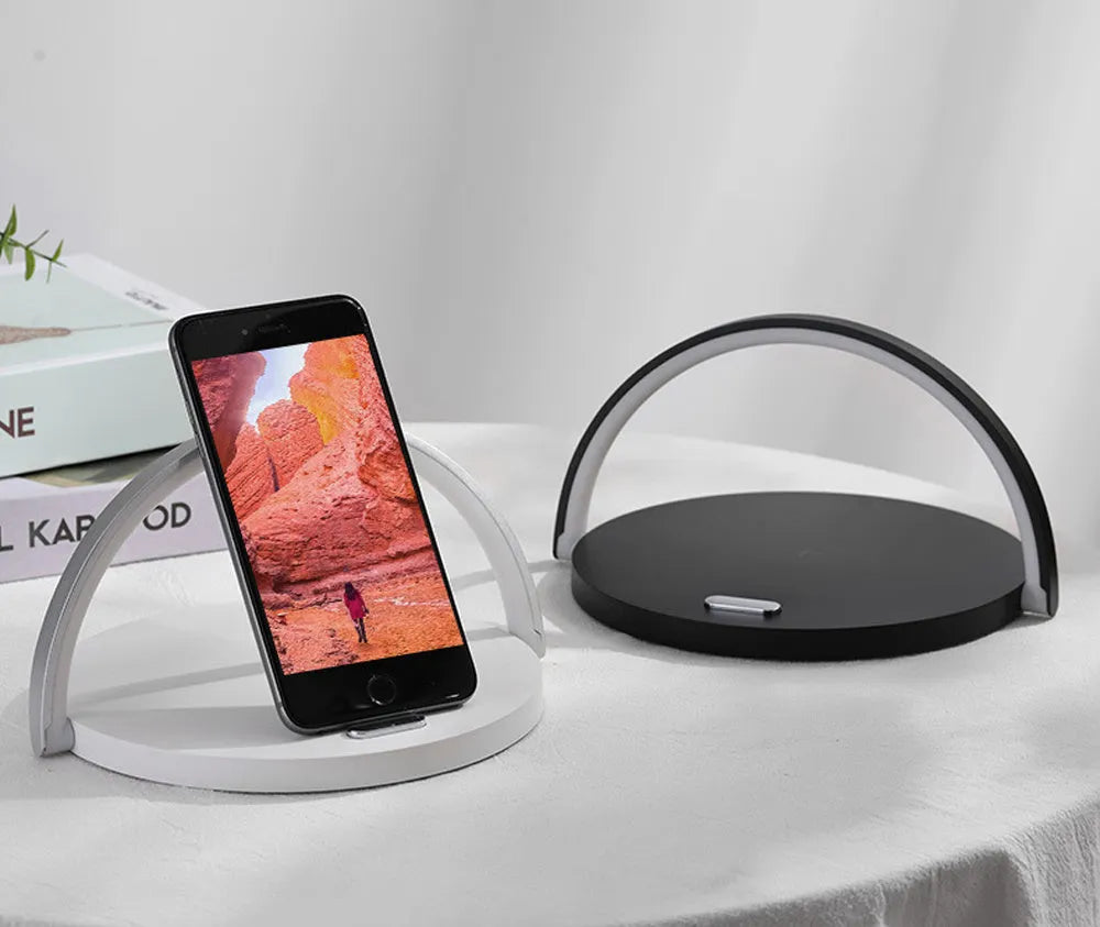 Fast Qi Wireless Charger Table Lamp with data cable, compact 191x13x203mm design, multiple colour options