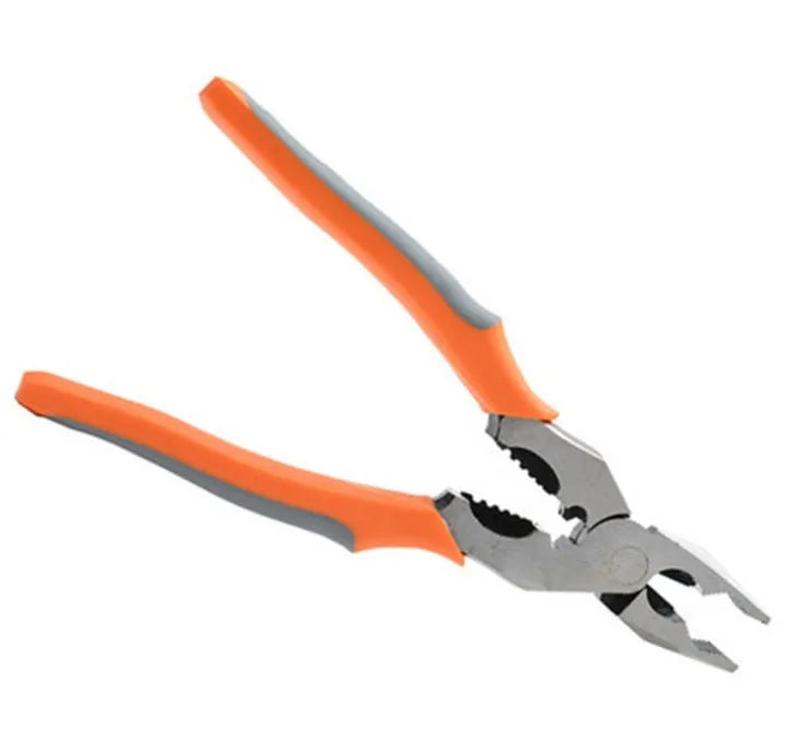 Orange handled multi-function wire cutter pliers with chrome steel head on a workbench.