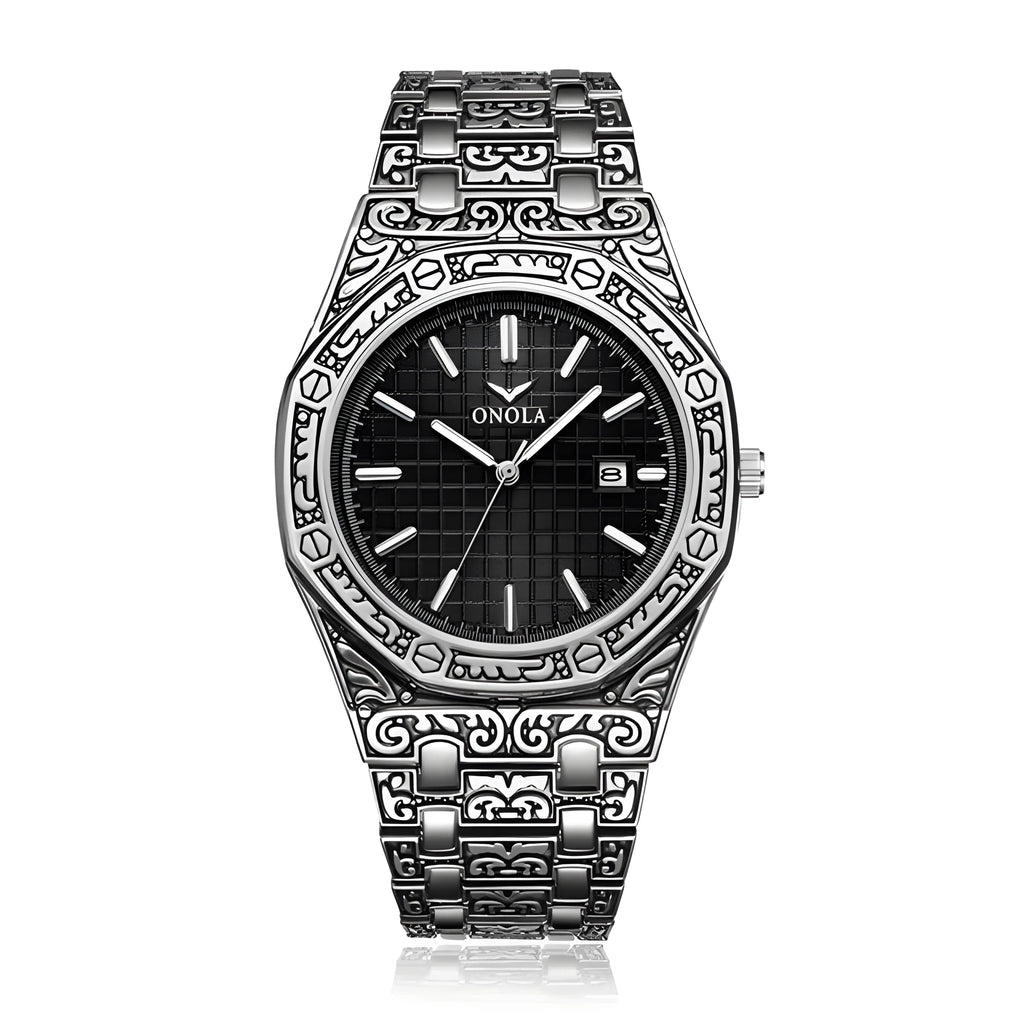 ONOLA vintage carved men's watch with golden alloy case, alloy steel band, 41.5mm dial, and butterfly buckle