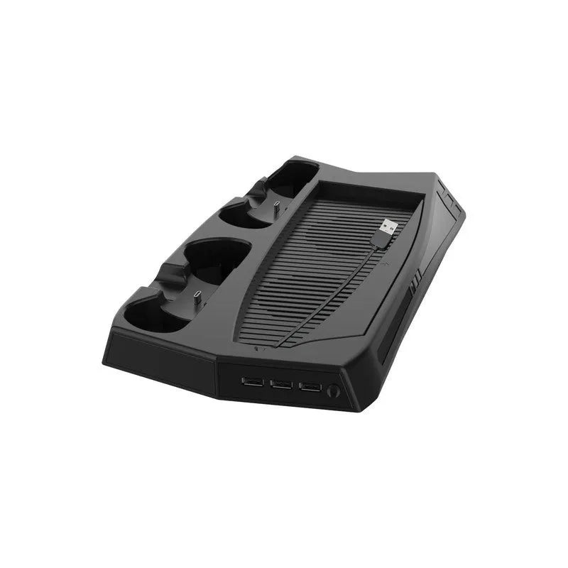 Black PS5 charging cooling fan base with two controller docks and USB ports