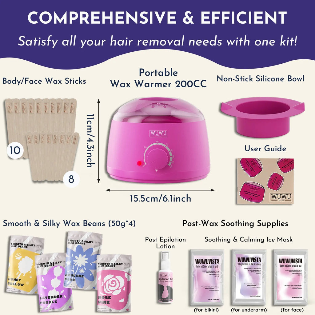 Waxing gift set with black wax warmer, wax beans, application sticks, aftercare lotion, and cooling masks.