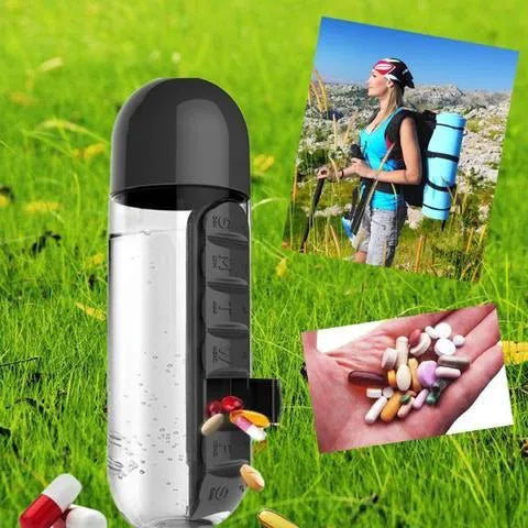 Portable wrist capsule water cup with medicine box, 600ml PC body and PP lid, 23x7.5x7.5cm